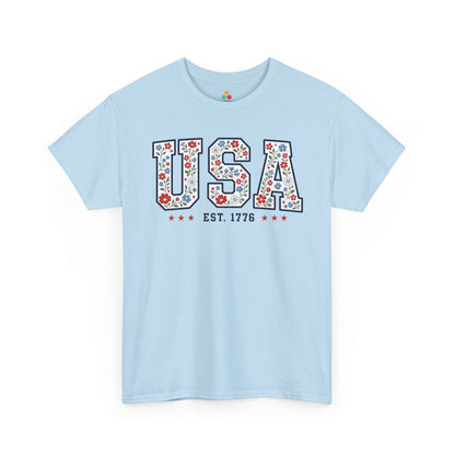 TEEZOCA ladies fourth of july tops t-shirt design with floral american flag shirt lettering and cute patriotic shirt appeal.
