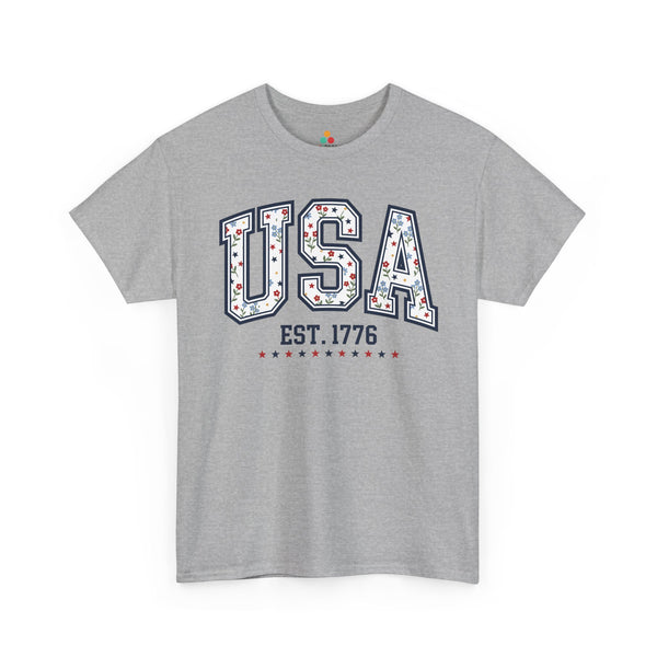 TEEZOCA ladies fourth of july tops t-shirt with floral american flag shirt look bold navy outlines and playful USA artwork