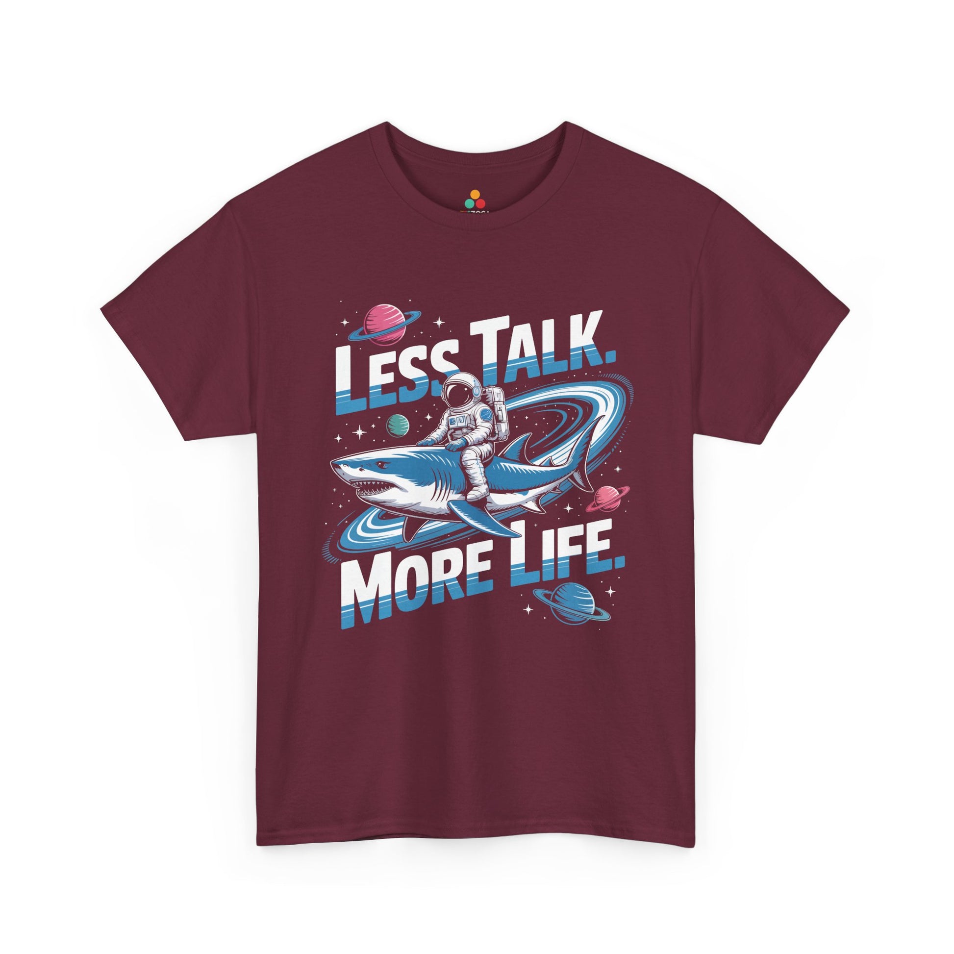 Less Talk More Life Astronaut Shark Unisex T-shirt – Bold Space Graphic Tee | TEEZOCA 