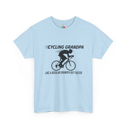 TEEZOCA light blue “Cycling Grandpa” like a regular grandpa but faster t-shirt shown flat.