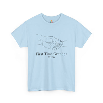 TEEZOCA light blue “First Time Grandpa 2026” first time grandpa t-shirt shown flat.