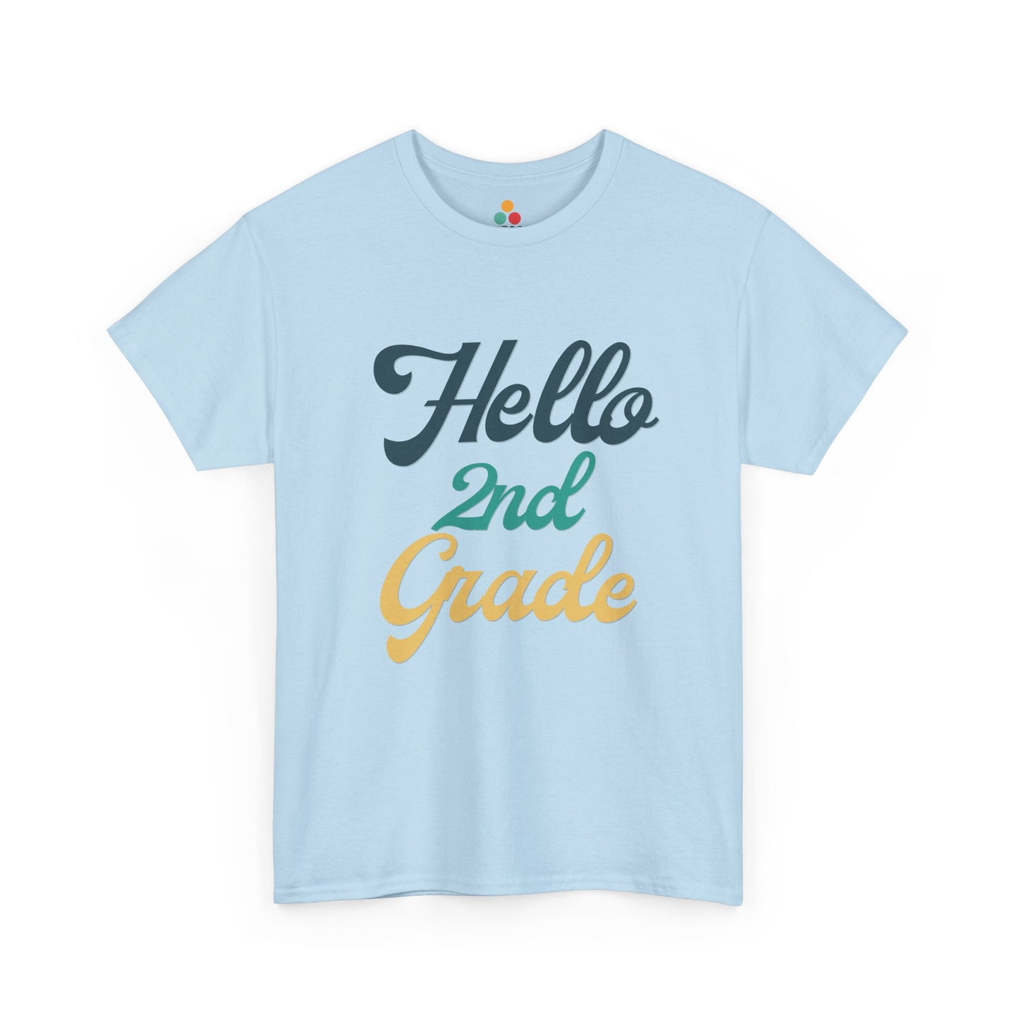 TEEZOCA light blue "Hello 2nd Grade" retro graphic t-shirt shown flat.