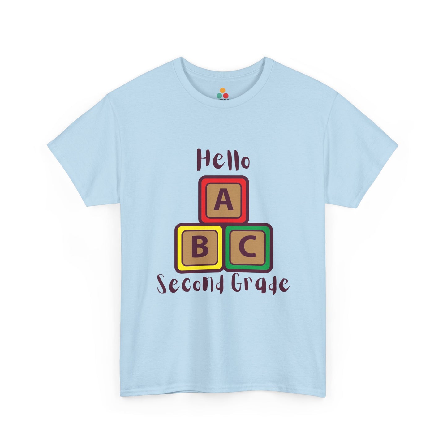 TEEZOCA light blue "Hello Second Grade" ABC blocks graphic t-shirt shown flat.