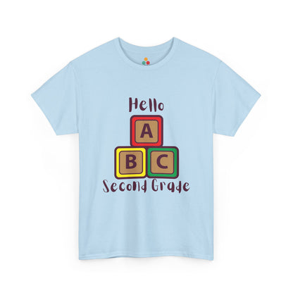 TEEZOCA light blue "Hello Second Grade" ABC blocks graphic t-shirt shown flat.