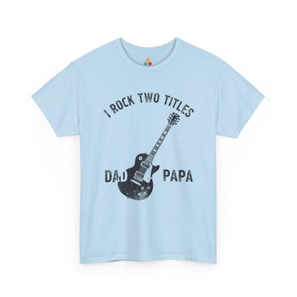 TEEZOCA light blue “I Rock Two Titles Dad Papa” rock papa graphic tee shown flat.