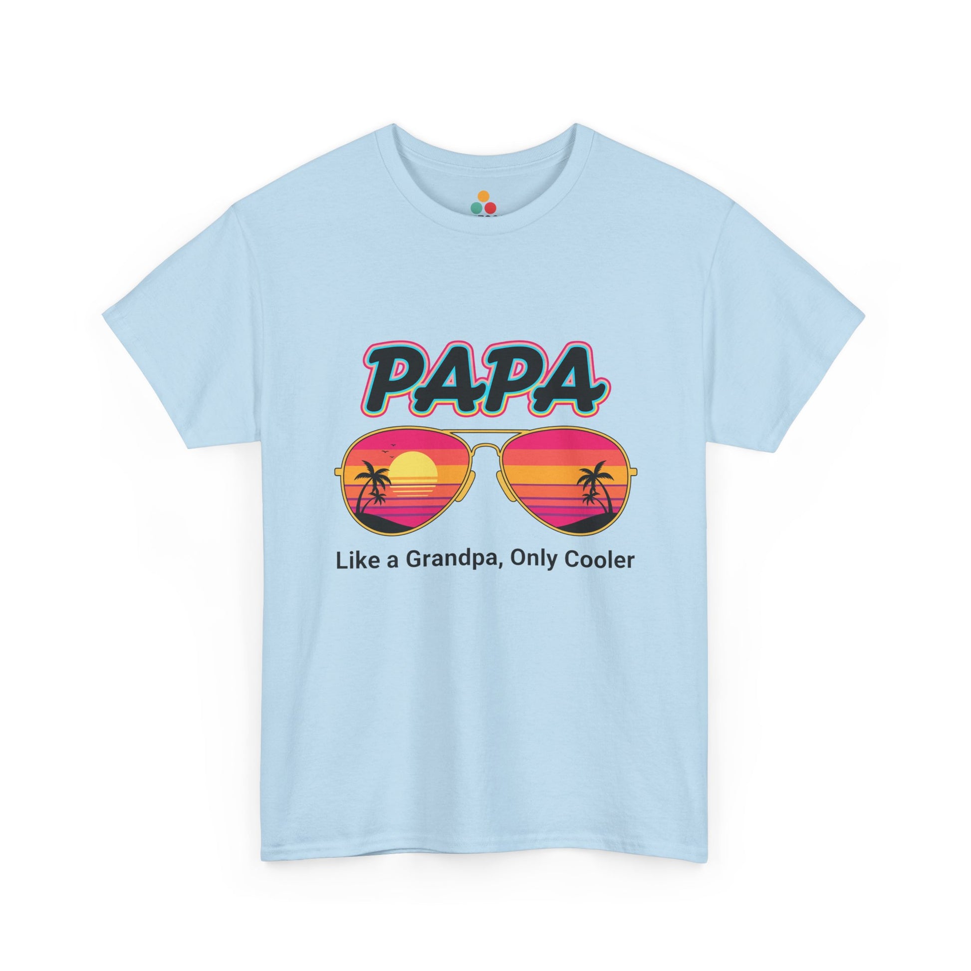 TEEZOCA light blue “Papa” retro summer sunglasses graphic t-shirt shown flat.