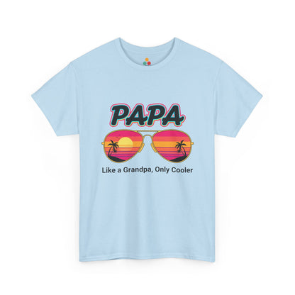 TEEZOCA light blue “Papa” retro summer sunglasses graphic t-shirt shown flat.