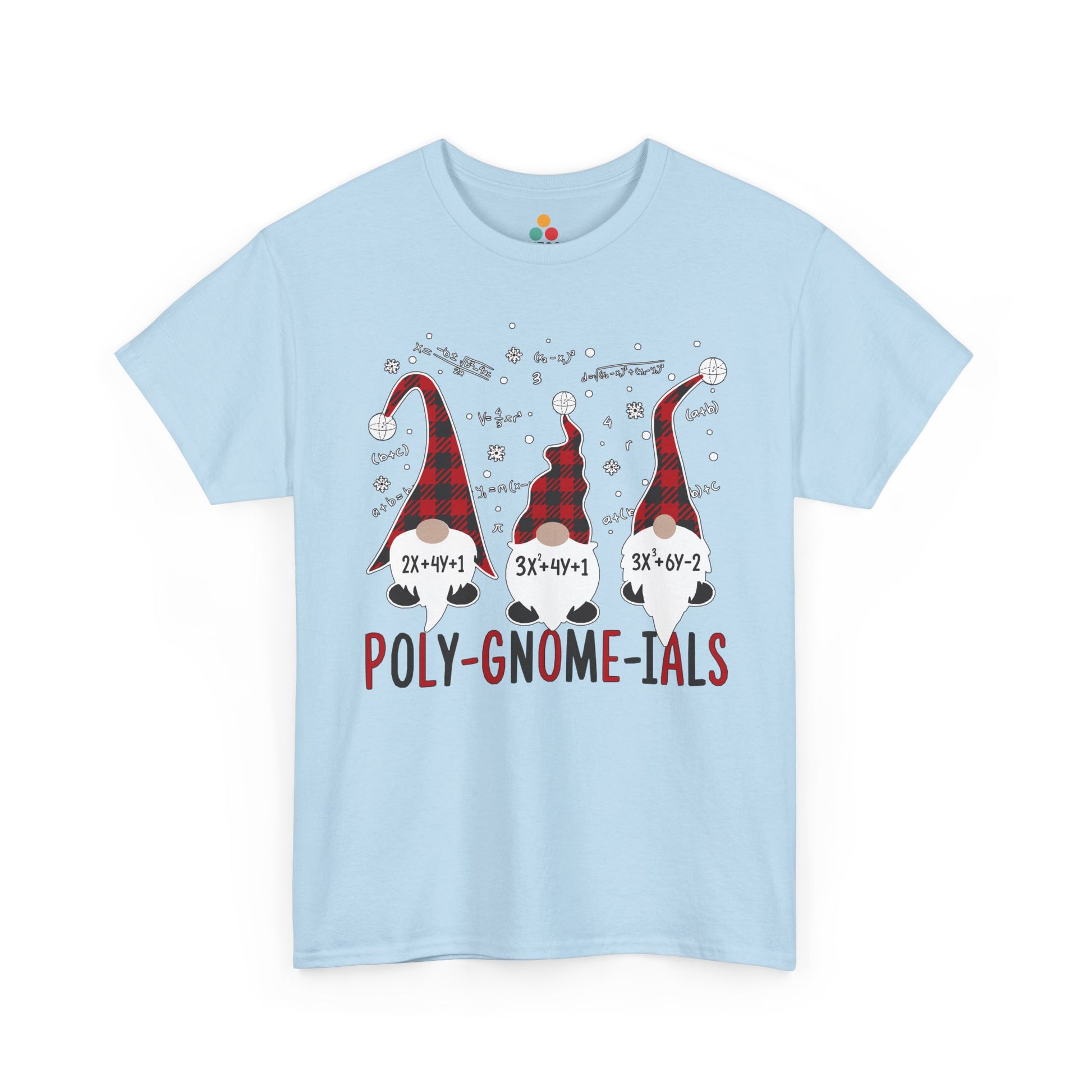 TEEZOCA light blue "Poly-Gnome-ials" funny math gnome graphic t-shirt shown flat.