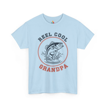 TEEZOCA light blue “Reel Cool Grandpa” angler badge graphic tee shown flat.