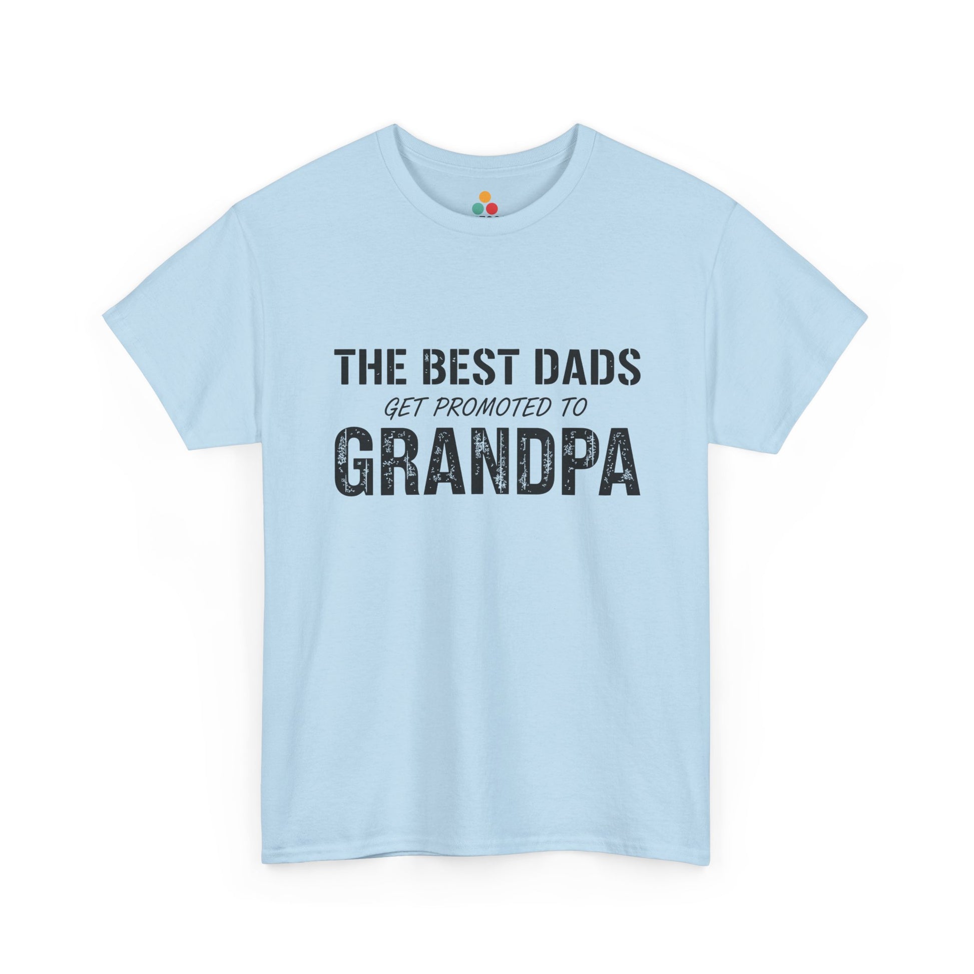 TEEZOCA light blue “The Best Dads Get Promoted to Grandpa” grandpa announcement tee shown flat.