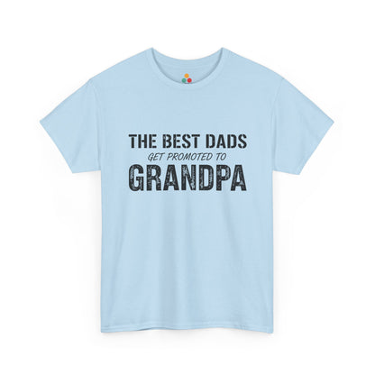 TEEZOCA light blue “The Best Dads Get Promoted to Grandpa” grandpa announcement tee shown flat.