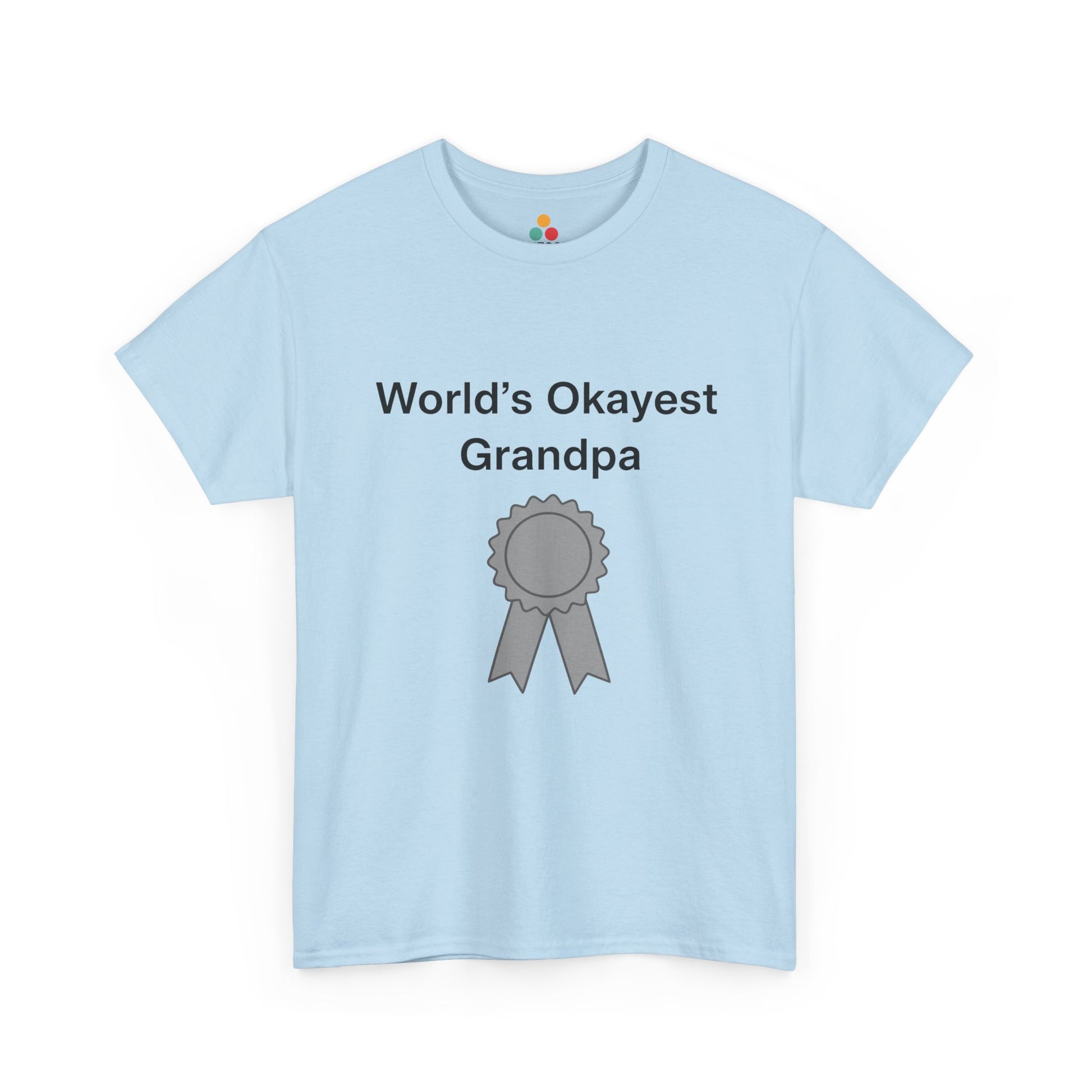 TEEZOCA light blue “World’s Okayest Grandpa” award ribbon t-shirt shown flat.