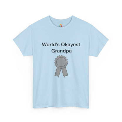TEEZOCA light blue “World’s Okayest Grandpa” award ribbon t-shirt shown flat.