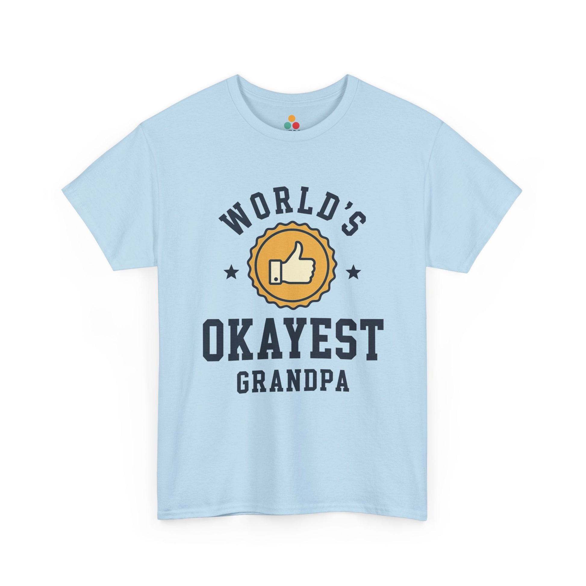 TEEZOCA light blue “World’s Okayest Grandpa” badge graphic t-shirt shown flat.