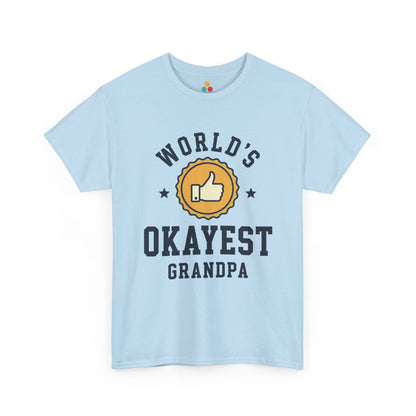 TEEZOCA light blue “World’s Okayest Grandpa” badge graphic t-shirt shown flat.