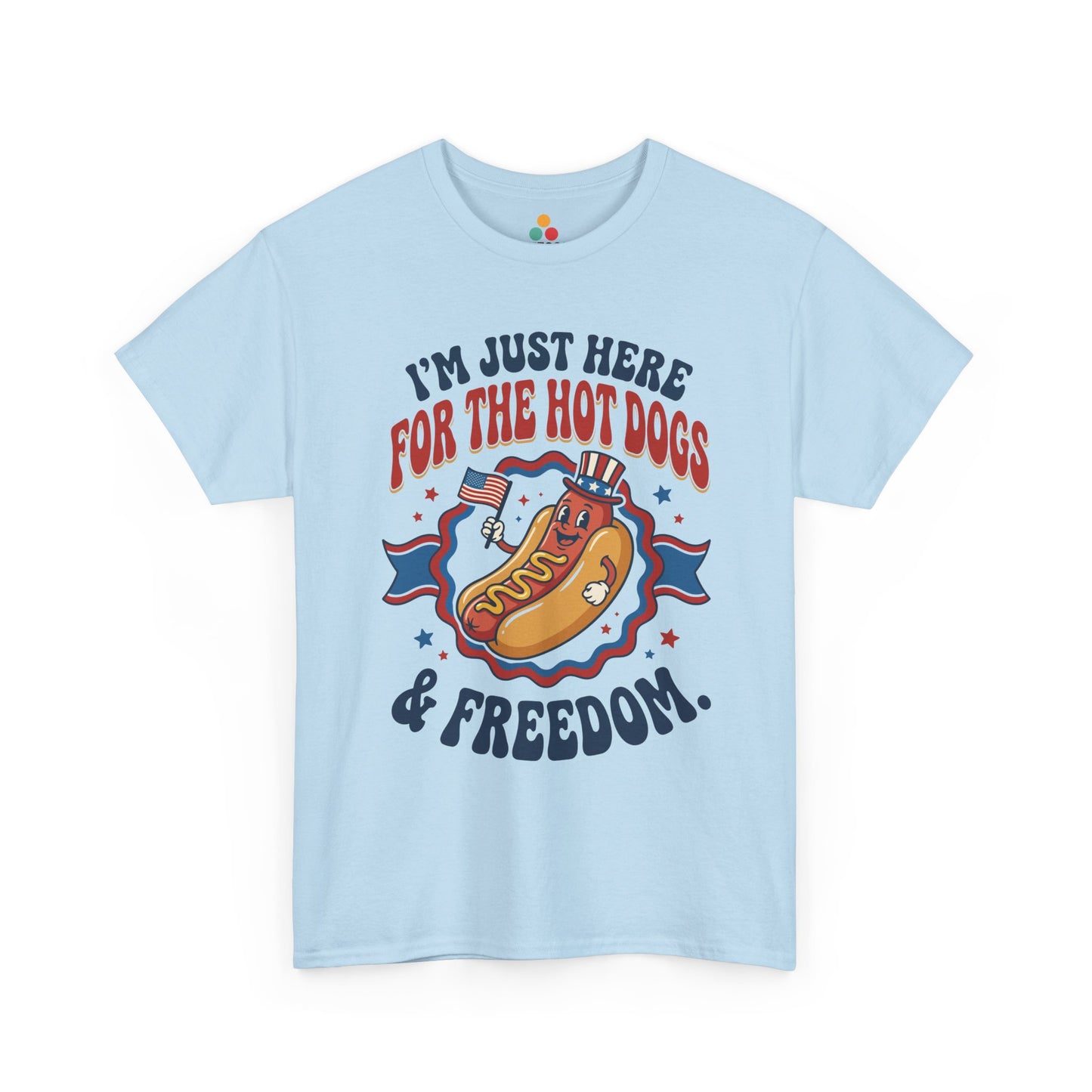 TEEZOCA light blue festive barbecue T-shirt sporting funny freedom hot dogs slogan.