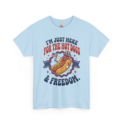 TEEZOCA light blue festive barbecue T-shirt sporting funny freedom hot dogs slogan.