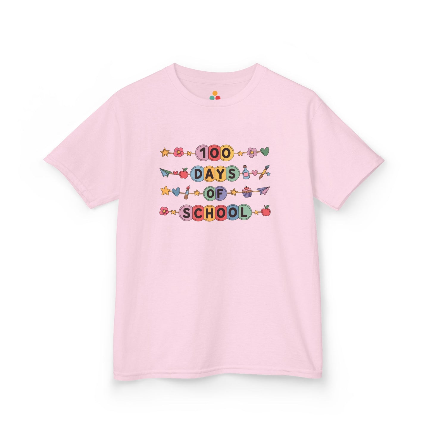 TEEZOCA light pink “100 Days of School” colorful milestone tee shown flat.