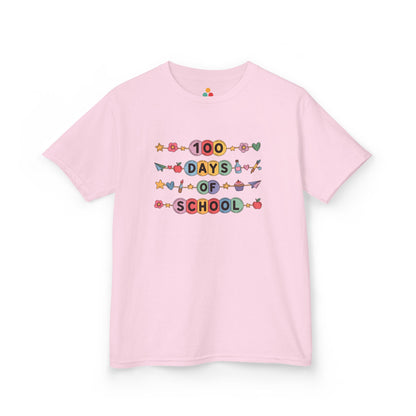TEEZOCA light pink “100 Days of School” colorful milestone tee shown flat.