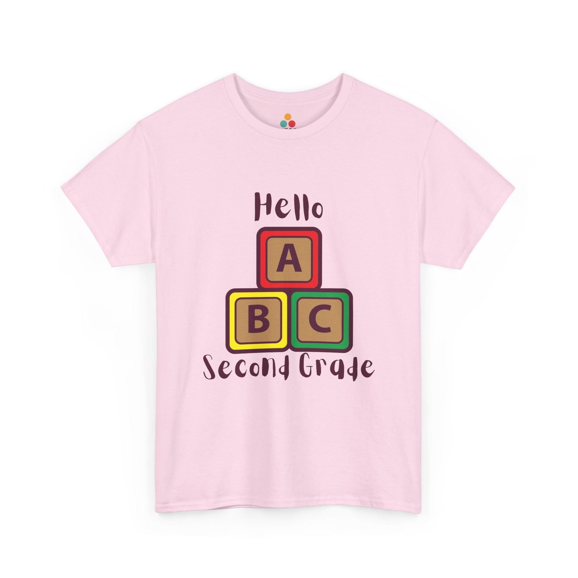 TEEZOCA light pink "Hello Second Grade" ABC blocks graphic t-shirt shown flat.