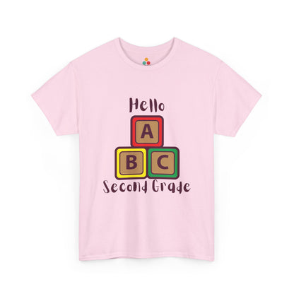 TEEZOCA light pink "Hello Second Grade" ABC blocks graphic t-shirt shown flat.