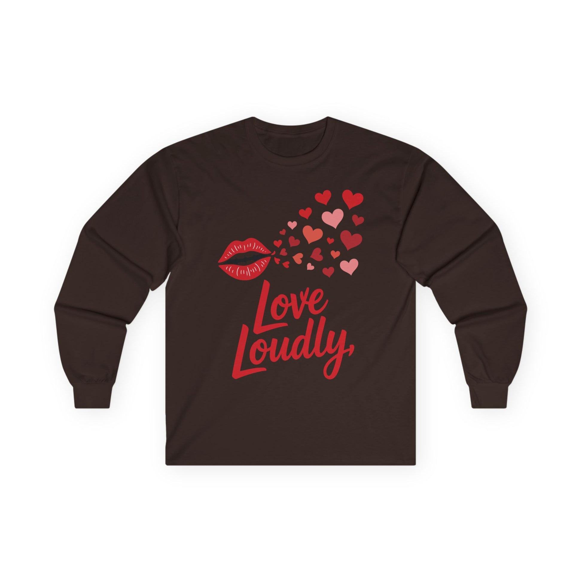 TEEZOCA love loudly typography with hearts on unisex long-sleeve t-shirt Brown long-sleeve shirt with red 'Love Loudly' design on a white background