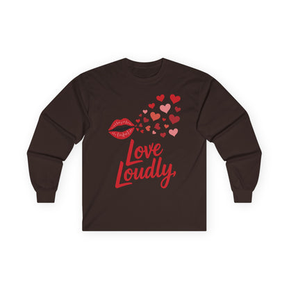 TEEZOCA love loudly typography with hearts on unisex long-sleeve t-shirt Brown long-sleeve shirt with red 'Love Loudly' design on a white background