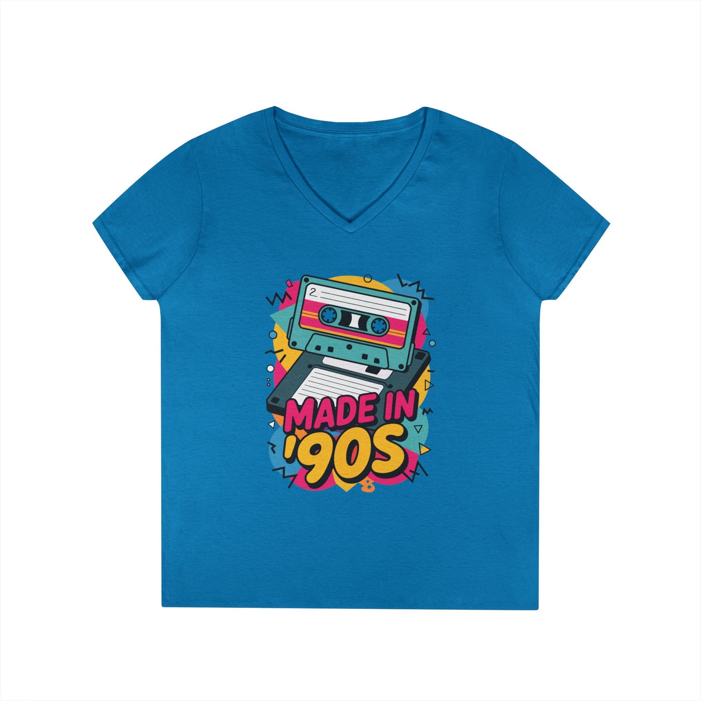 Made in 90s Retro Cassette Graphic V-Neck T-Shirt for Women | TEEZOCA 
