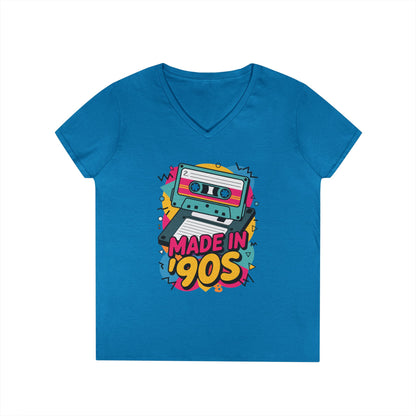 Made in 90s Retro Cassette Graphic V-Neck T-Shirt for Women | TEEZOCA 