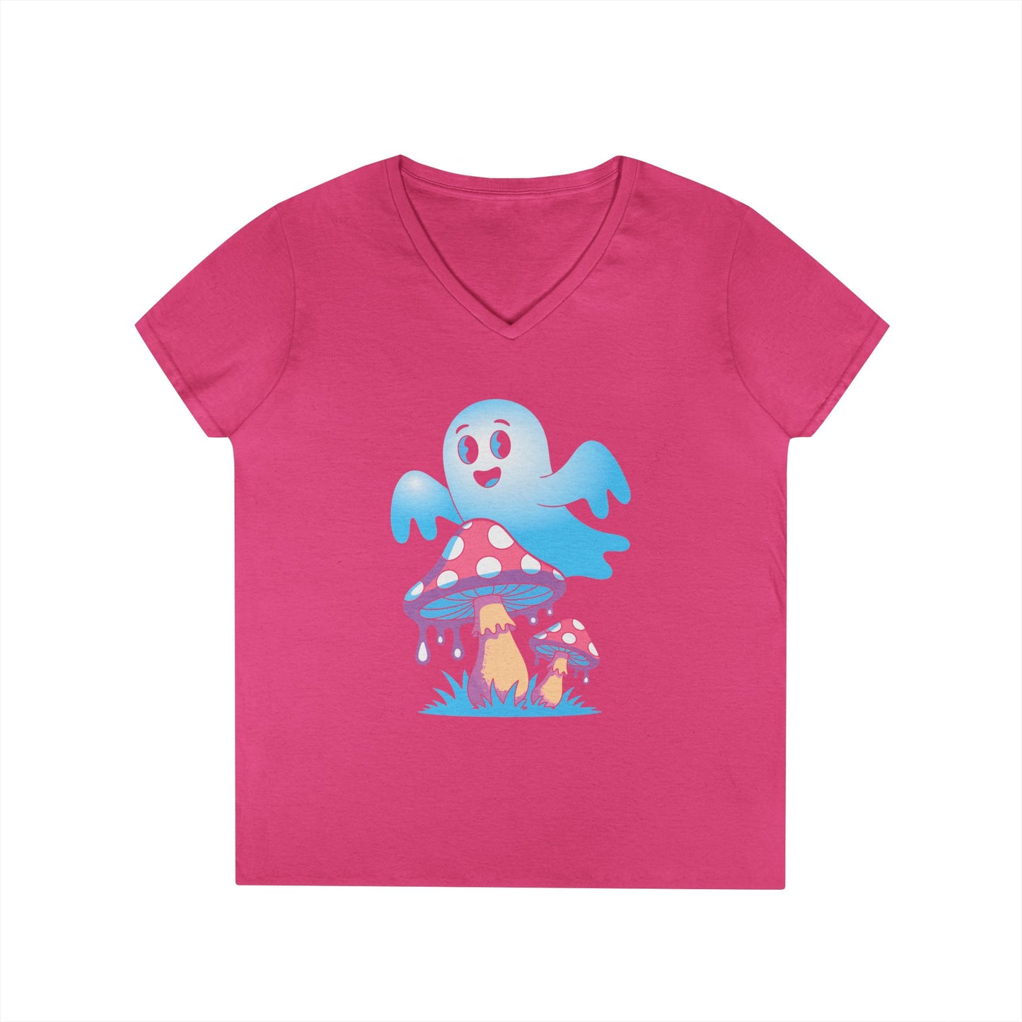 Cute Ghost Mushroom Art Ladies’ V-Neck T-Shirt Whimsical Fantasy Style | TEEZOCA 