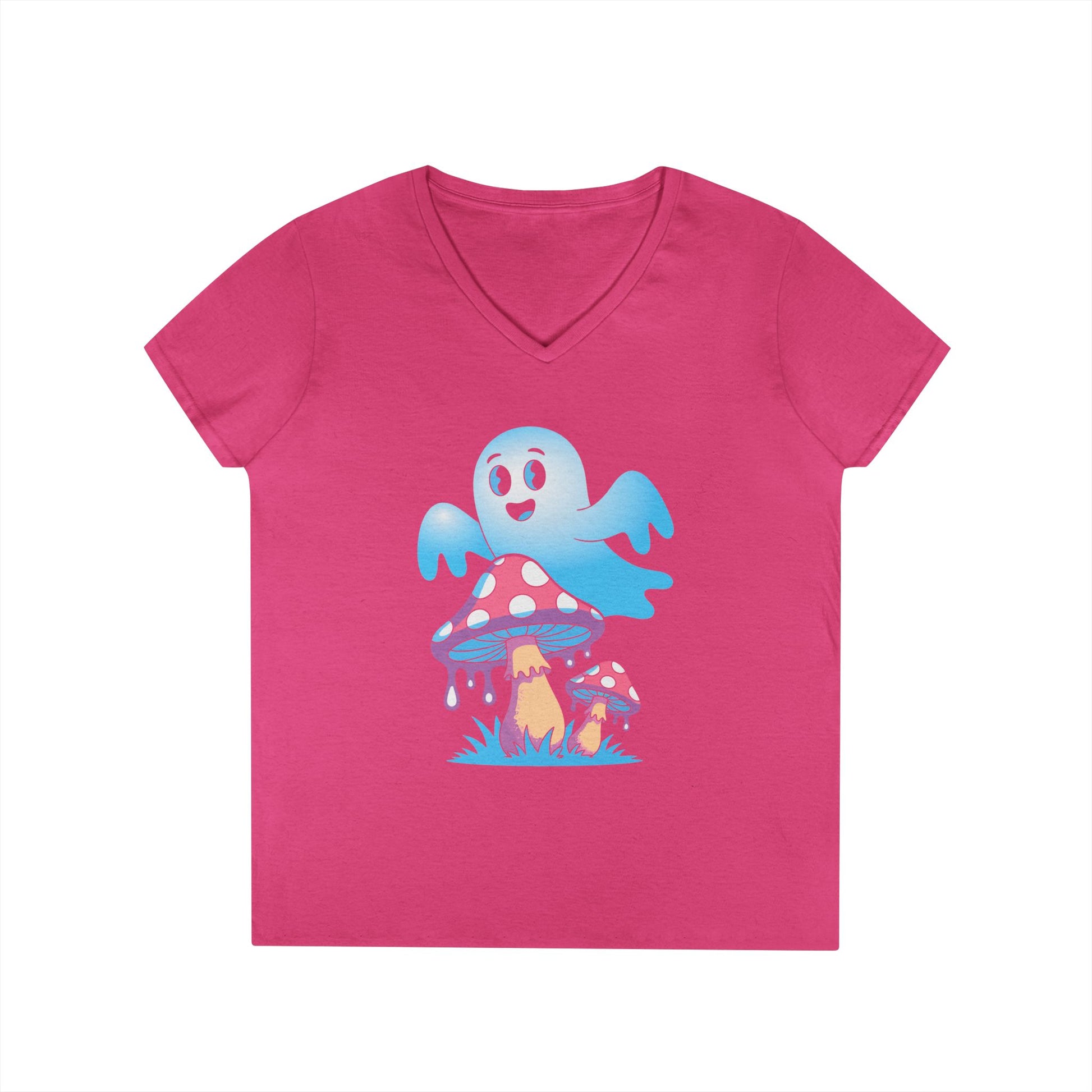 Cute Ghost Mushroom Art Ladies’ V-Neck T-Shirt Whimsical Fantasy Style | TEEZOCA 