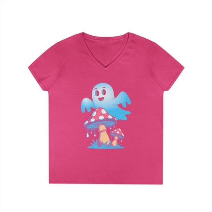 Cute Ghost Mushroom Art Ladies’ V-Neck T-Shirt Whimsical Fantasy Style | TEEZOCA 