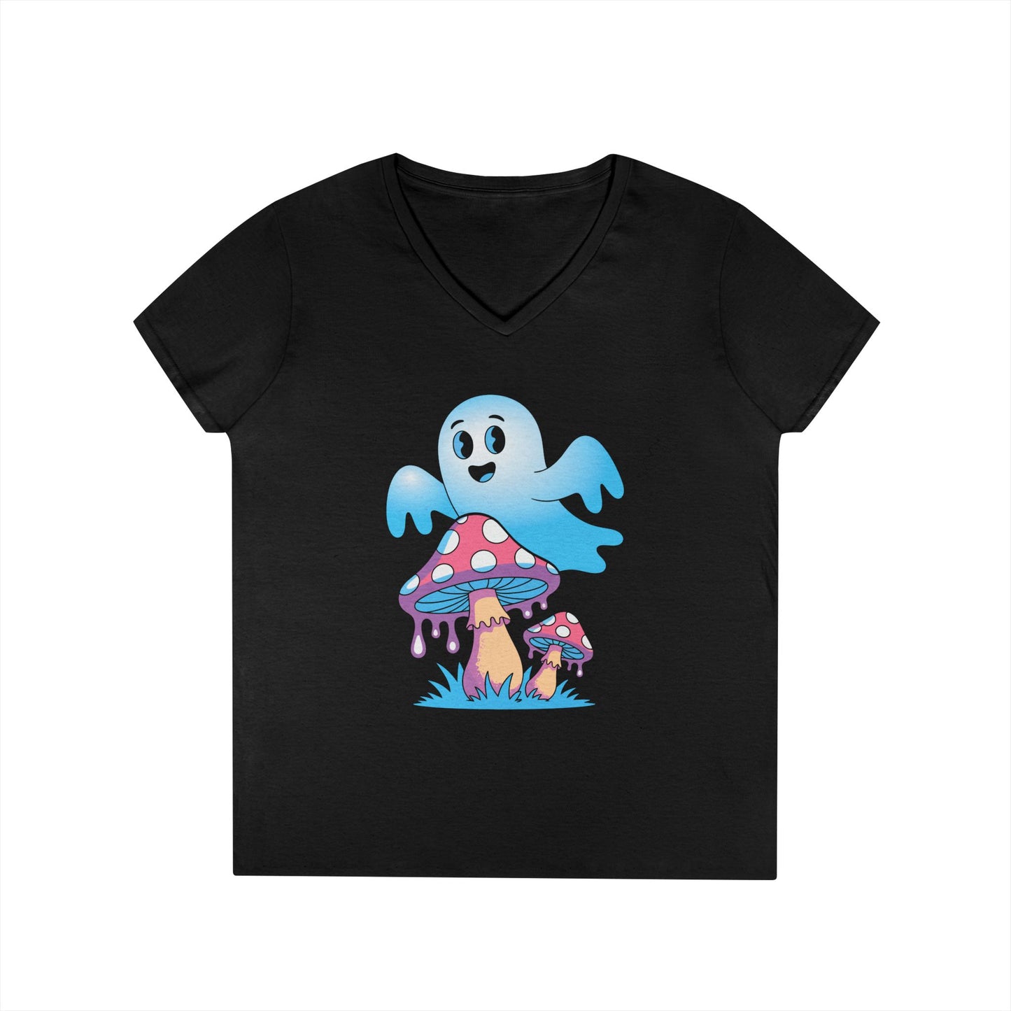 Cute Ghost Mushroom Art Ladies’ V-Neck T-Shirt Whimsical Fantasy Style | TEEZOCA 