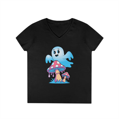 Cute Ghost Mushroom Art Ladies’ V-Neck T-Shirt Whimsical Fantasy Style | TEEZOCA 