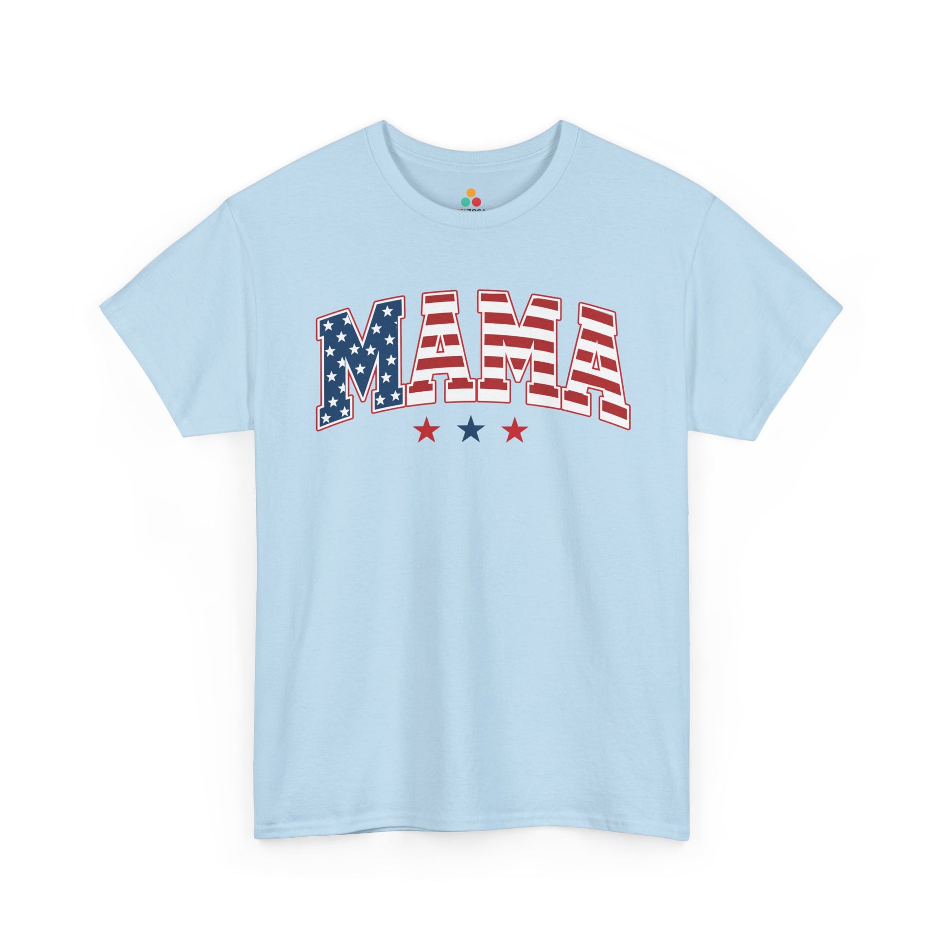 TEEZOCA mama american flag shirt t-shirt with red white and blue MAMA lettering for July 4 family outfits.
