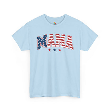 TEEZOCA mama american flag shirt t-shirt with red white and blue MAMA lettering for July 4 family outfits.
