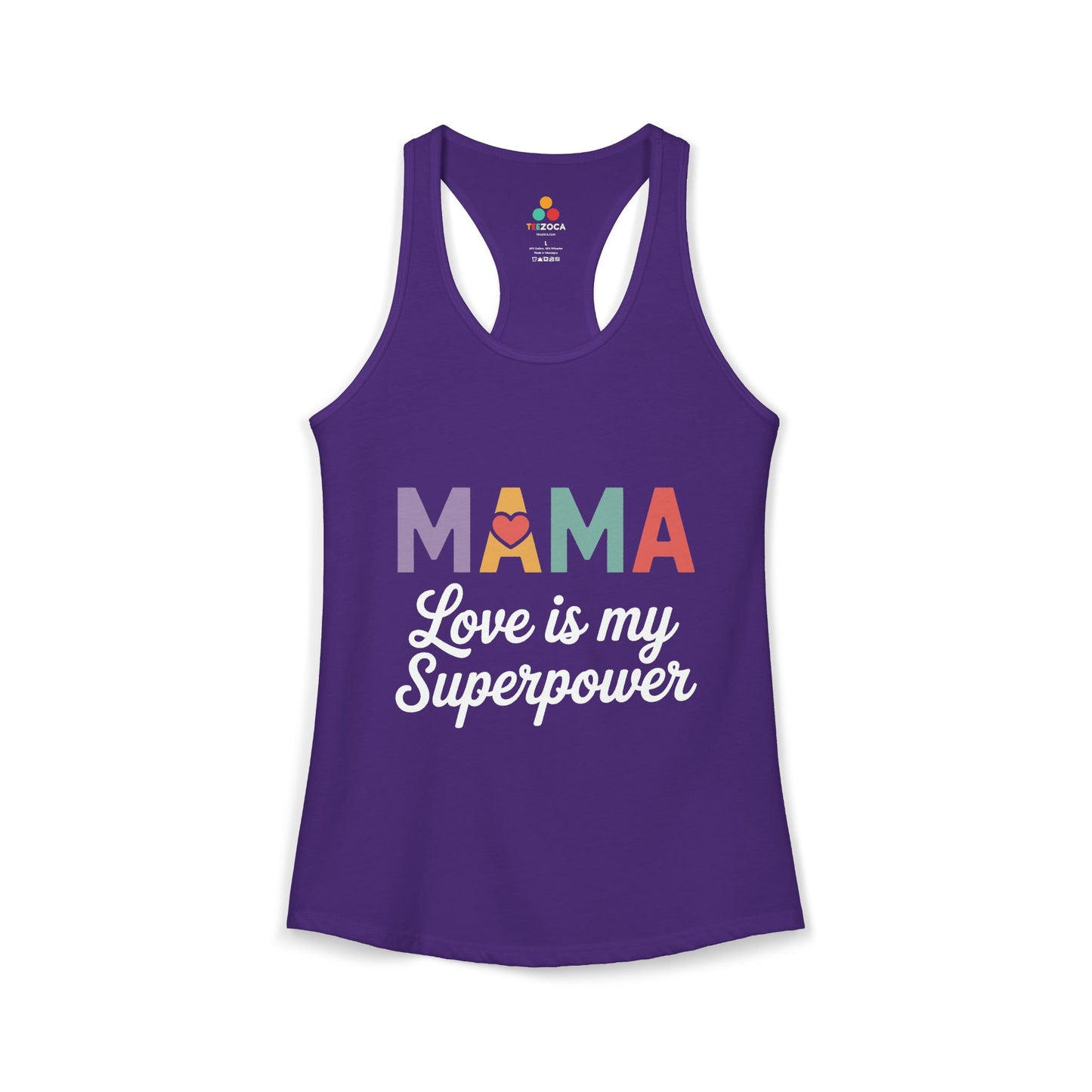 TEEZOCA mama love is my superpower women’s tank top inspirational mom message Purple tank top with 'MAMA Love is my Superpower' text on a white background