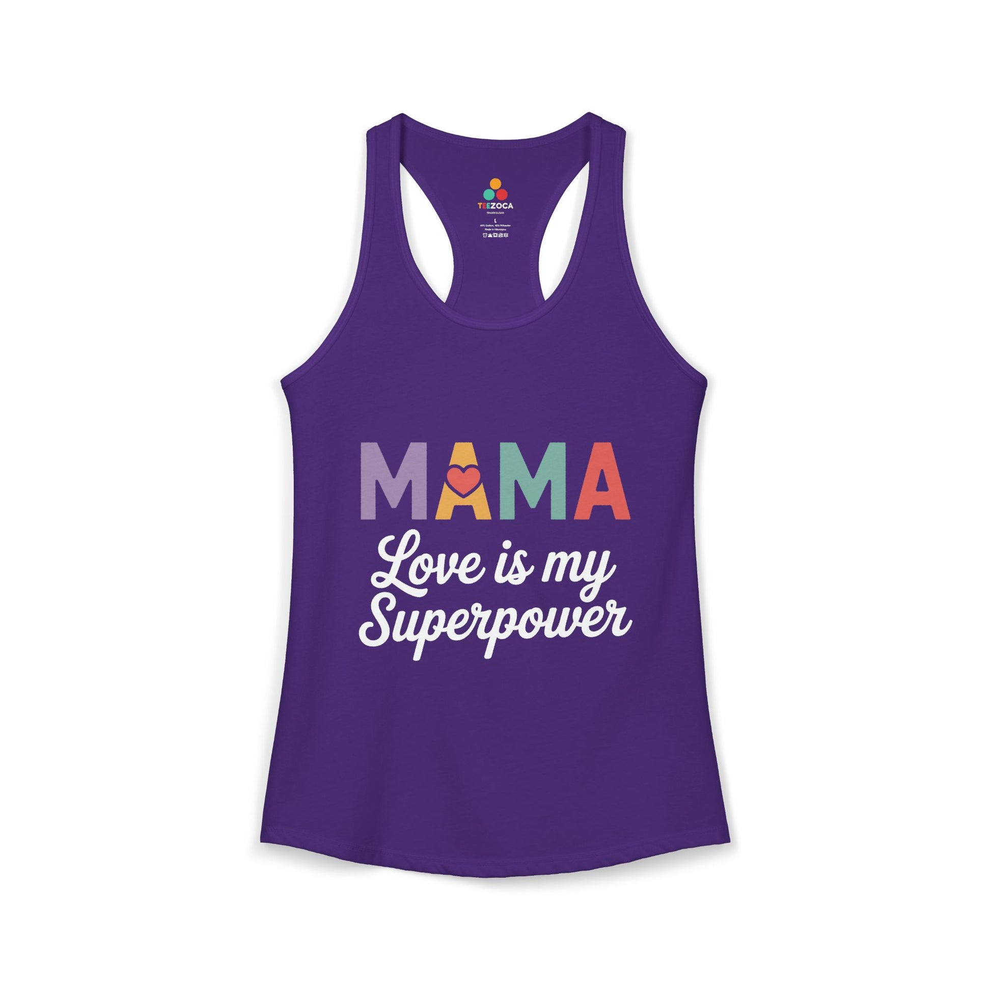 TEEZOCA mama love is my superpower women’s tank top inspirational mom message Purple tank top with 'MAMA Love is my Superpower' text on a white background