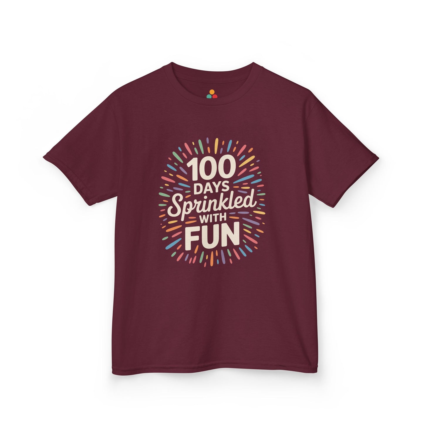 TEEZOCA maroon “100 Days Sprinkled With Fun” kids t‑shirt displayed flat.