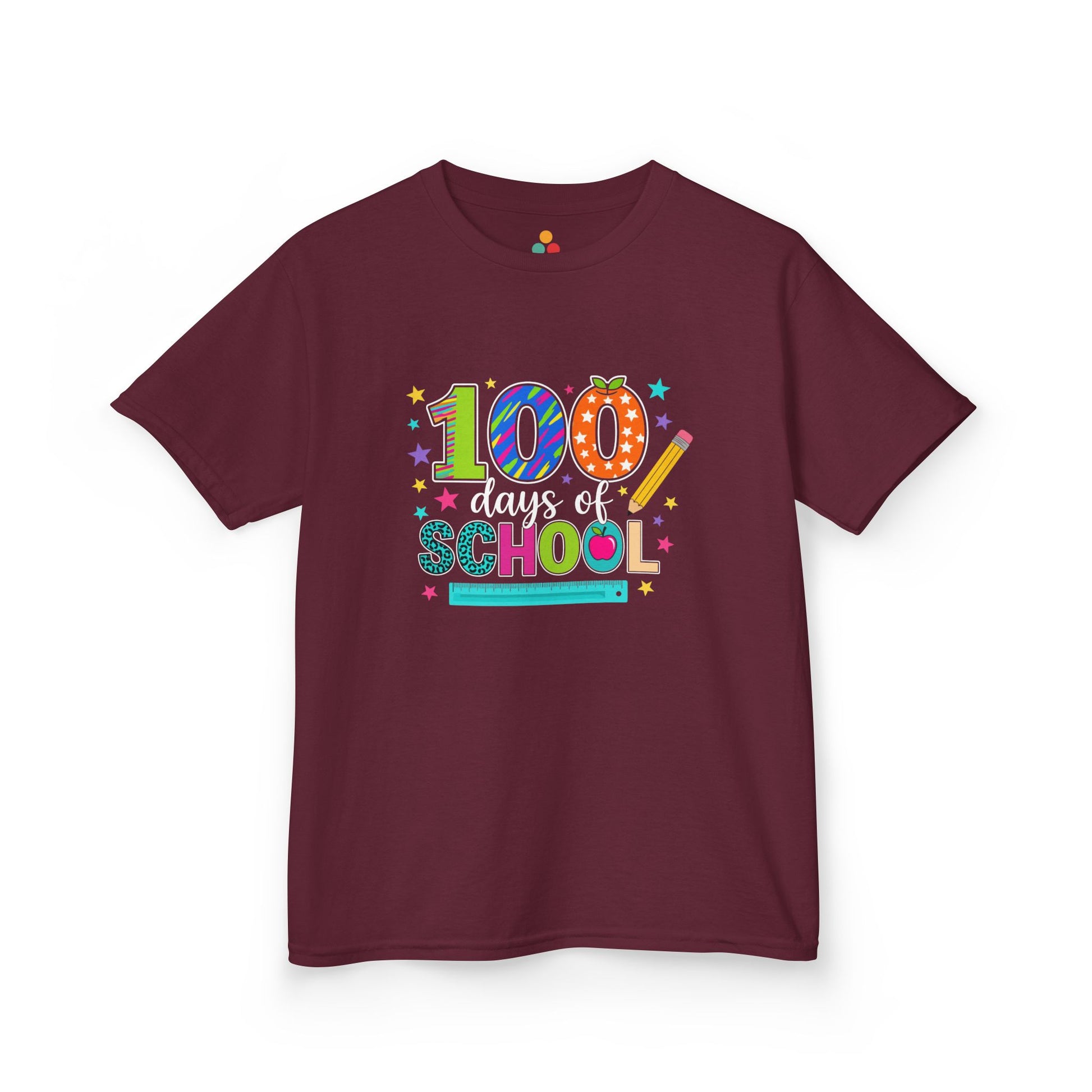 TEEZOCA maroon 100 Days of School rainbow graphic T‑shirt on display.