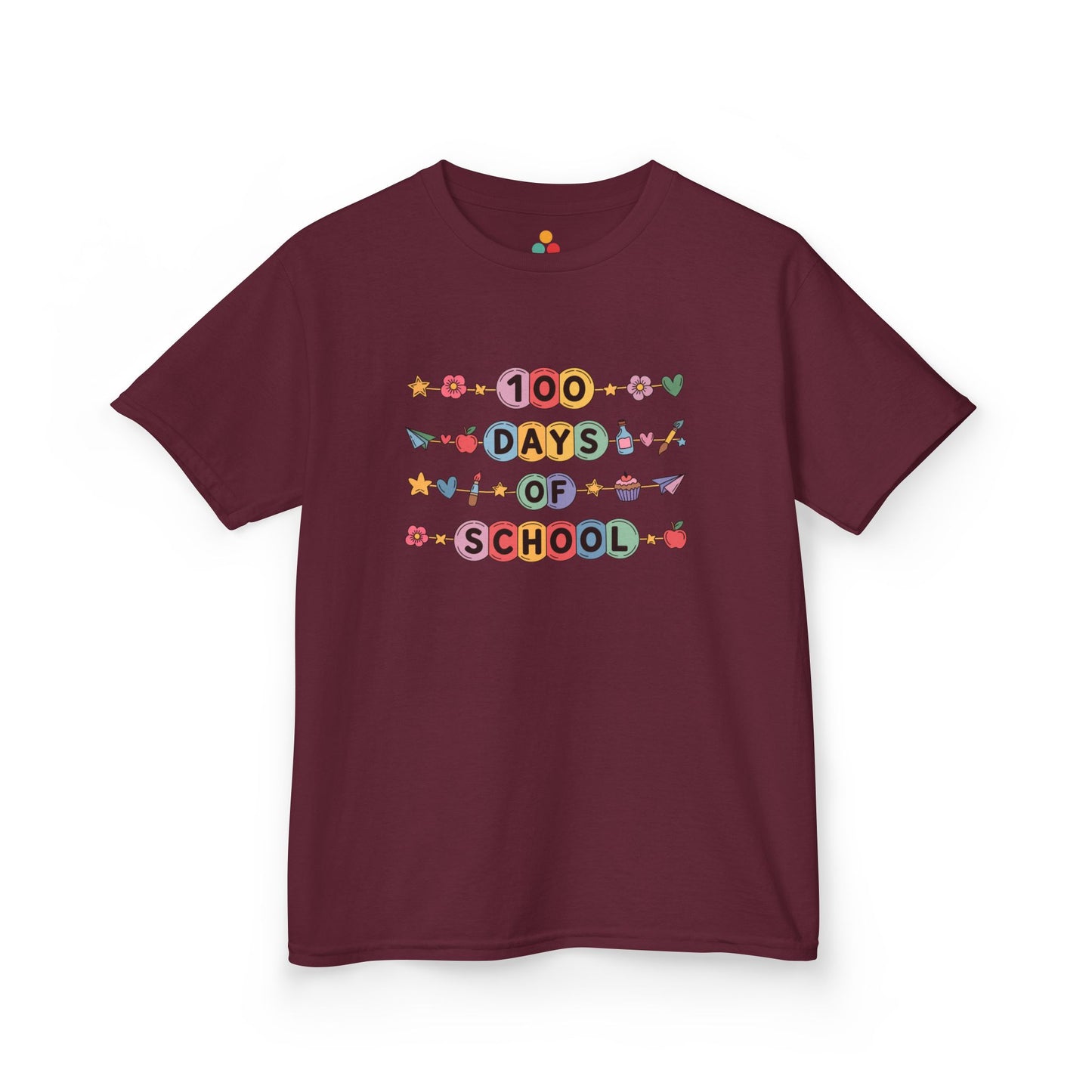 TEEZOCA maroon “100 Days of School” vibrant school t-shirt shown flat.