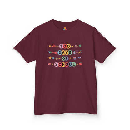 TEEZOCA maroon “100 Days of School” vibrant school t-shirt shown flat.