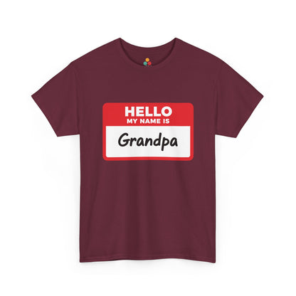 TEEZOCA maroon “Hello My Name Is Grandpa” funny grandpa gift t-shirt shown flat.
