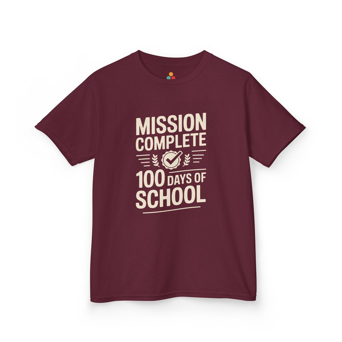 TEEZOCA maroon “Mission Complete 100 Days Of School” kids t‑shirt displayed flat.