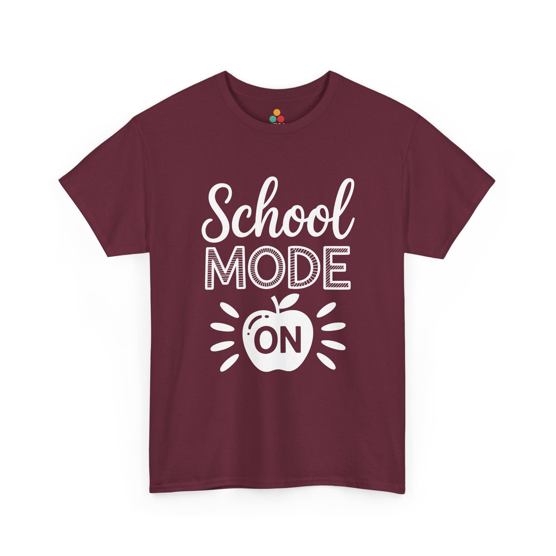 TEEZOCA maroon “School Mode On” back to school graphic tee displayed flat.