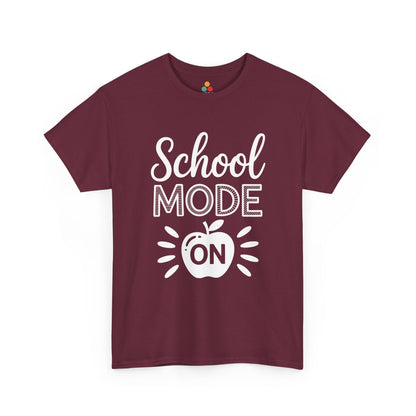 TEEZOCA maroon “School Mode On” back to school graphic tee displayed flat.