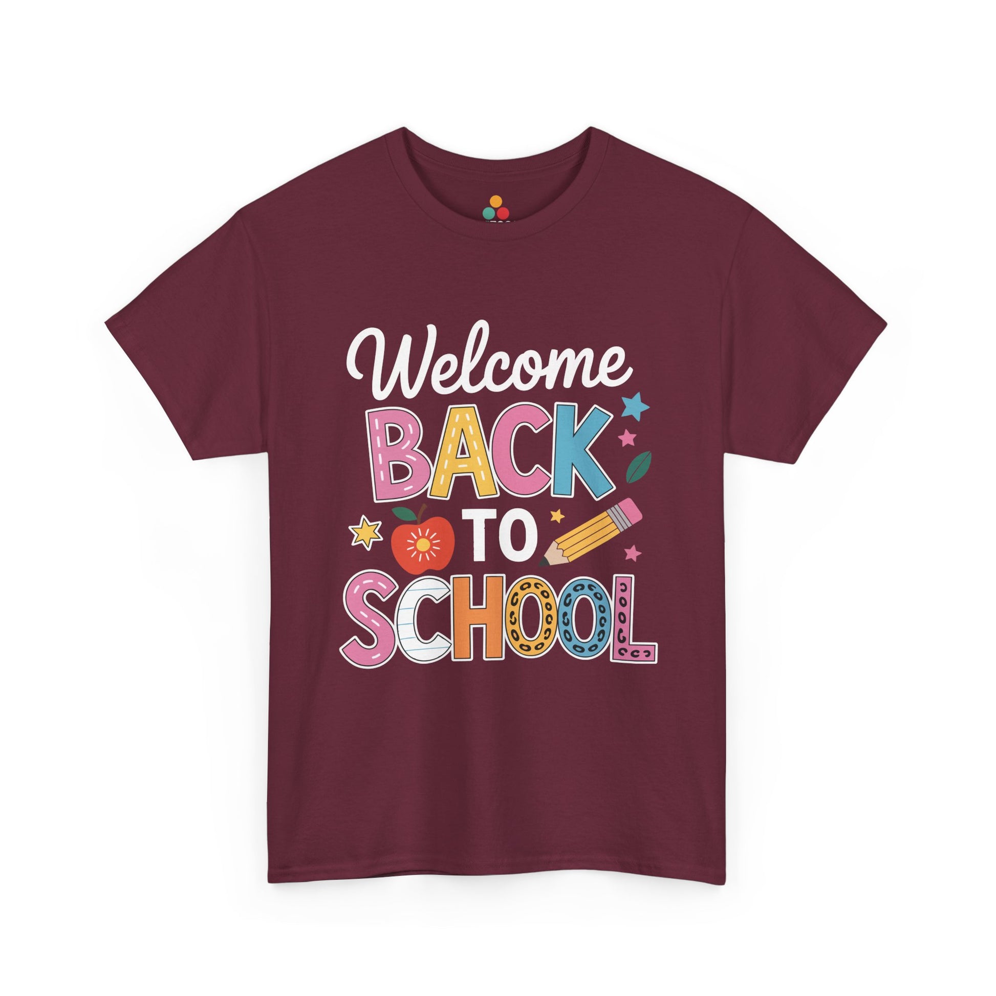 TEEZOCA maroon back to school graphic tee displayed flat.