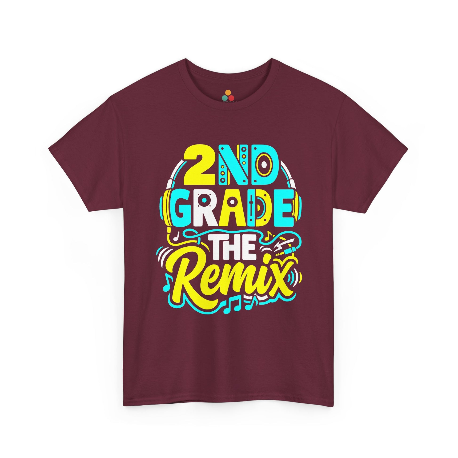 TEEZOCA maroon burgundy everyday T-shirt displaying the vibrant music notes and audio jack design.