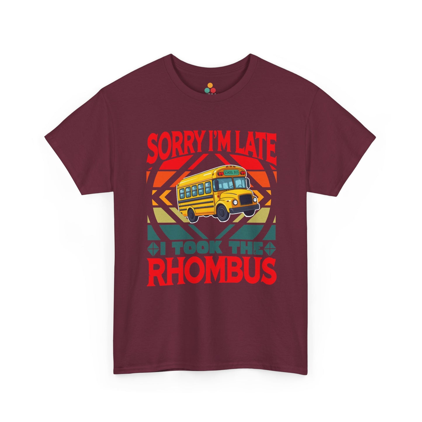 TEEZOCA maroon burgundy everyday graphic T-shirt with the funny wrong bus illustration.