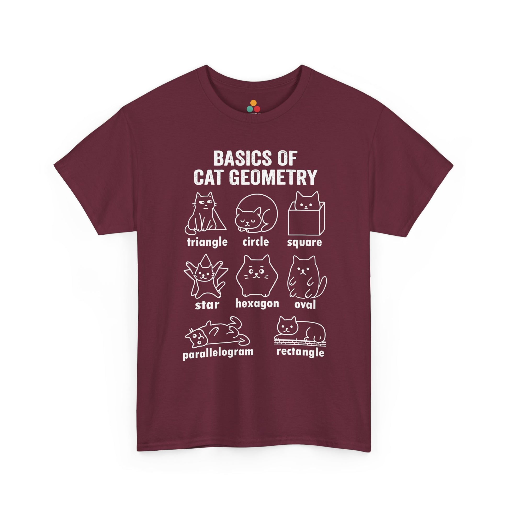 TEEZOCA maroon cat geometry funny graphic T-shirt displayed flat, front view. Cat Geometry Funny Math Shapes Teacher Student Lover Dad Mom Back School T-Shirt